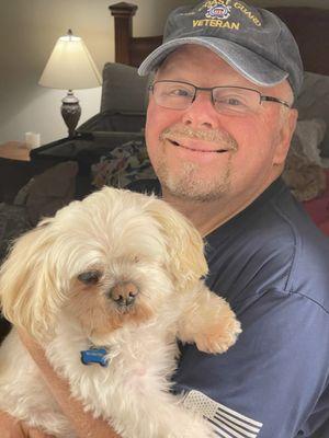 Husband, the dog magnet with handsome Colby.