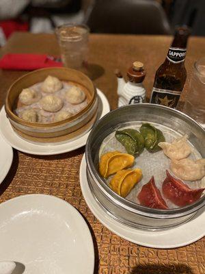 Authentic soup dumplings (Xiao Long Bao) and assorted dumpling (veggie, chicken, pork and shrimp).