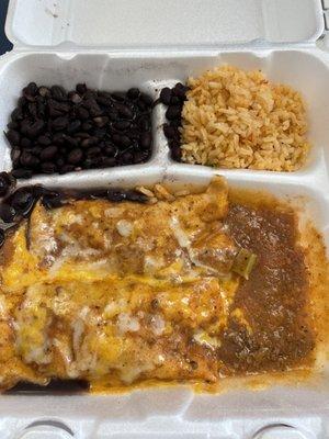 Beef enchiladas with black beans and Spanish rice