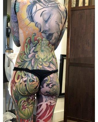 Colorful back tattoo in progress by Aaron Della Vedova. Email info@gurutattoo.com for booking info.