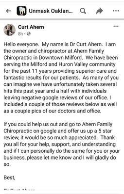 Dr Ahern seeking positive business reviews from non patients.