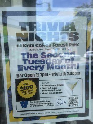 They offer trivia the second Tuesday of every month! Sign up through EventBrite for a chance to win a $100 gift card