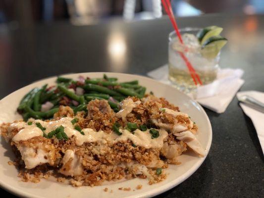 They created a Keto almond crusted Pollock, seared on the flattop with a lemon dill sauce, and a side of baked green beans for my Keto