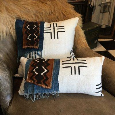 Custom mud cloth and indigo pillows