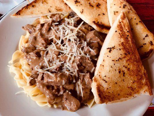 Beef Stroganoff- before adding salt, pepper, butter and sour cream.   I prefer my Strog super rich and creamy...... Decent.