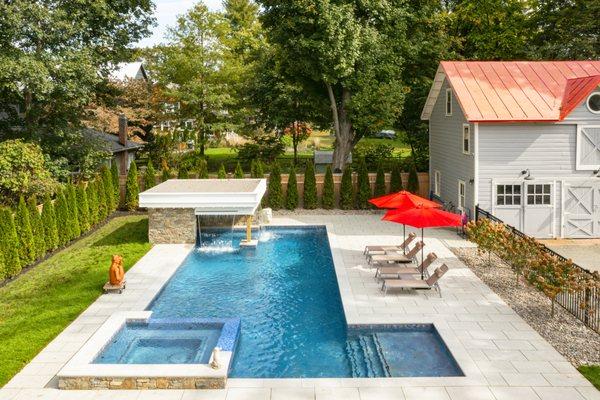 Blissful custom tiled inground #gunite pool with heated spa. #rhinebeckNY