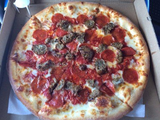 Pepperoni and meatball. This was a small. If you get a large you better have help. Their pizzas are big!!