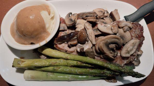 12 oz. NY Strip w/ Sautéed Wild Mushrooms, Grilled Asparagus, and Mashed Potatoes