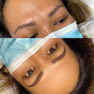 Brow Correction color and reshape from another artist with powder ombré technique.