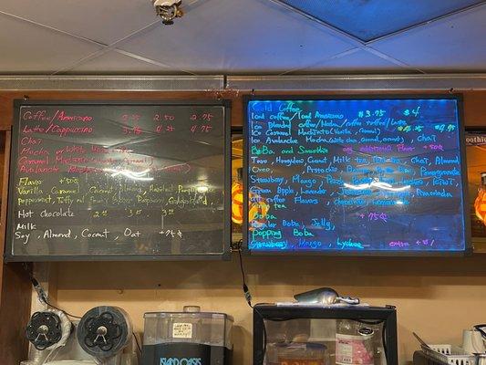 Flavor options, coffee & smoothies menu