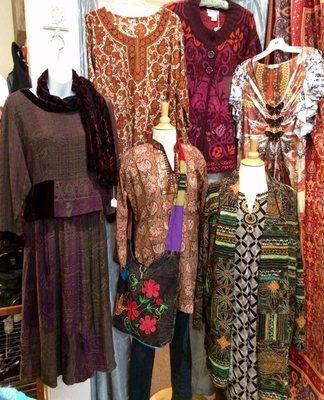 Fabulous fashions from Free People,Carole Little, Coldwater Creek & Tienda Ho. Also vintage  kurtas (tunics) and purse from India & Nepal