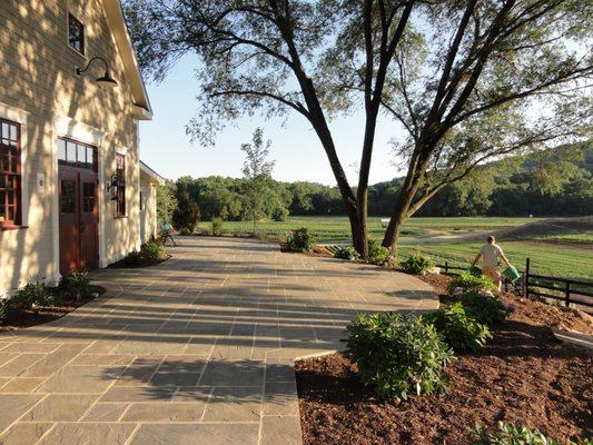 Flagstone Patio Installed over concrete slab in Hillsboro Virginia by Evergreen Landscapes LLC.