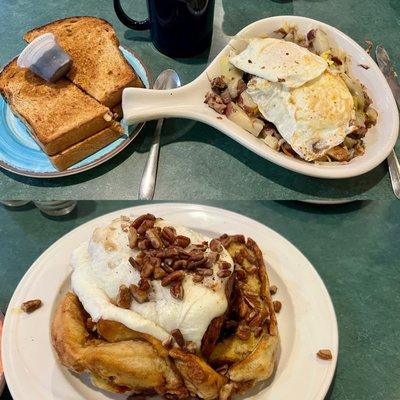 Incredible breakfast: Homemade jumbo cinnamon roll and pot roast skillet.