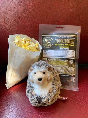 Hedgy the Hedgehog with our popcorn and beef jerky from concessions.