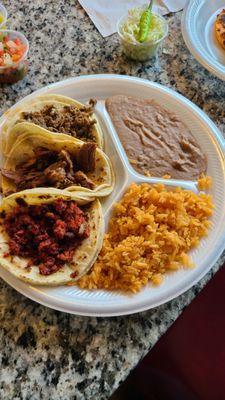 3 taco platter - one chorizo, one Barbacoa and one Asada