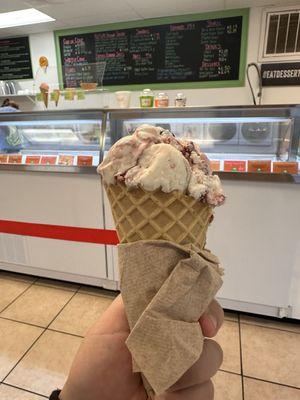 Dark chocolate raspberry in waffle cone