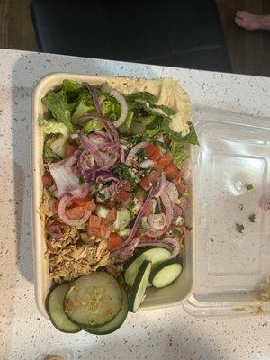 Chicken shawarma bowl with many toppings