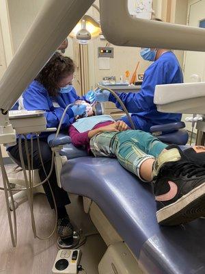 Cavity being removed! No complaint from my 8th year old! Thanks to Doctor Zimmer!