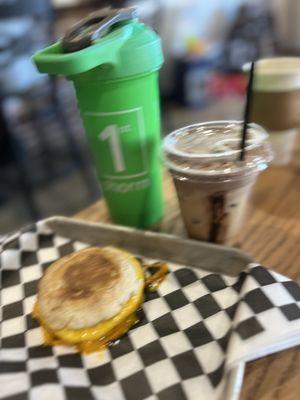 Here's a blurry pic of the Samoa latte & bacon, egg cheese breakfast sandwich (right after my workout with shaky arms!)