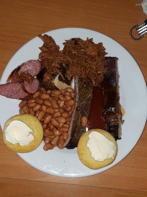 Ribs, chicken, pintos, brisket and cornbread