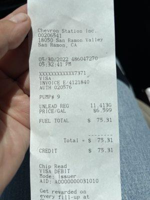 Receipt notice the date, and it was 6.59 for 11.41 gallon. (Filled up) 5/30, 5:32pm