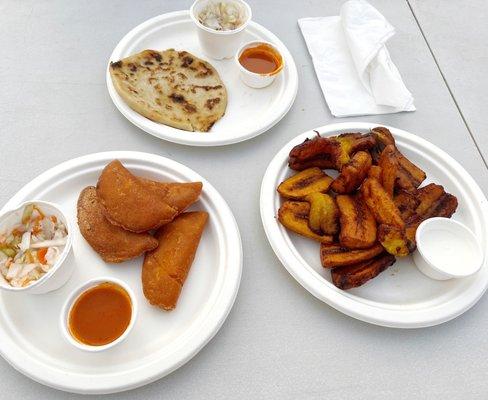 Pastelitos, fried plantain, and pupusa