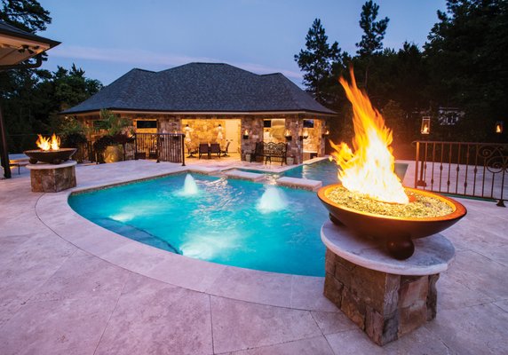 Tanning Ledge, Firebowls, Column, Concrete Pool, Travertine