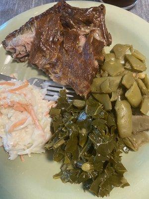 My sampler smoked ribs, green beans, collards and slaw