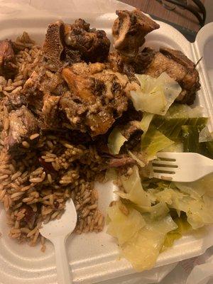 Oxtails rice and peas, cabbage