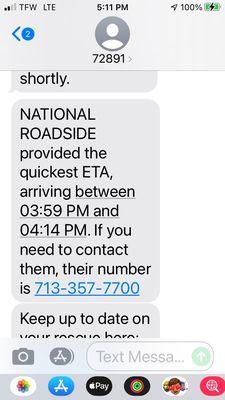 National Roadside accepting our service request and providing an arrival window.