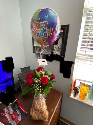 Roses arrangement with bear and balloons