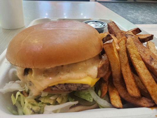 Cheese burger with fries! Made to order.