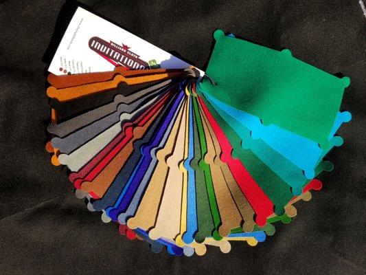 26 colors of billiard cloth to chose from.