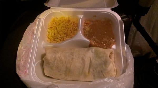 Burrito dinner for carryout-This was loaded with chorizo,sour cream & guacamole all for $6.00 whata bargain.