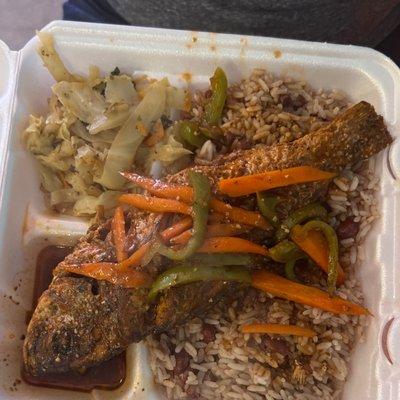 Red Snapper w/ brown stew gravy Rice & peas Steamed cabbage