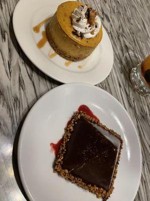 Dessert: pumpkin cheesecake and chocolate pyramid with raspberry sauce