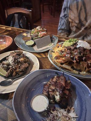 Crispy Brussels Sprouts, Grilled Stuffed Jalapenos, steak nachos, crispy tacos