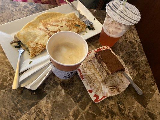 Garden Delight Crepe, tiramisu, Cafe au Laite, Tropical Bliss Tea