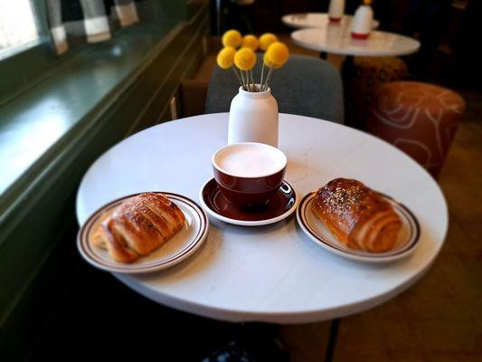 Rose latte, everything croissant, guava cheese! Finally eating it on-site.