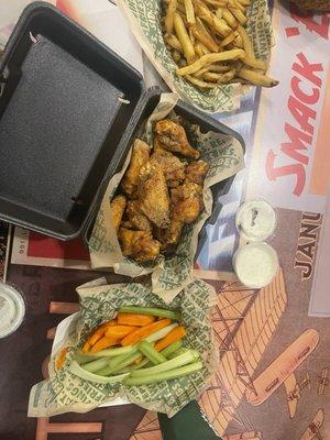 Lemon pepper wings, large side of veggie sticks and fries.