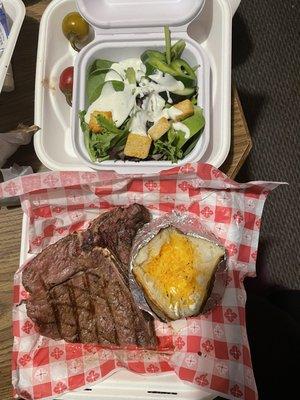 House Salad with ranch, T-bone Steak, Baked Potato with butter and cheese