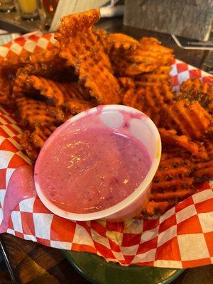 Waffle sweet potato fries with amazing dip