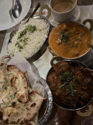 Lamb Bhuna, Chicken Tikka Masala, Garlic Naan