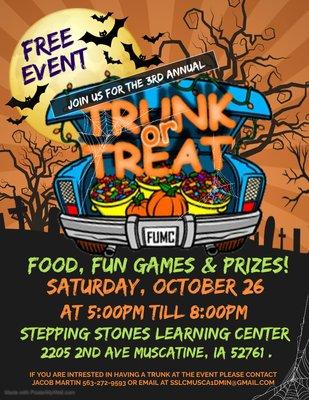 Stepping Stones Learning Center Trunk or Treat Event Saturday October 26th 2024 5pm-8pm