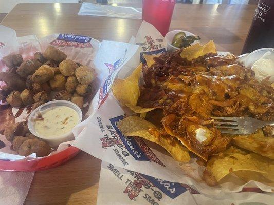 Off the starter menu, Chicken nachos and fried Okra.