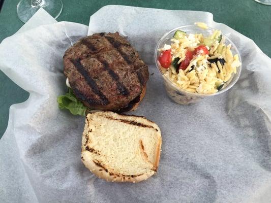 Caprese Burger, side salad mix, glass of wine and ice cream sandwich!