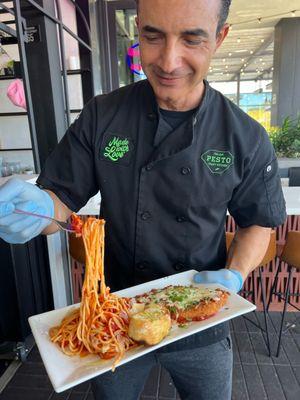 Chicken parmigiana with spaghetti