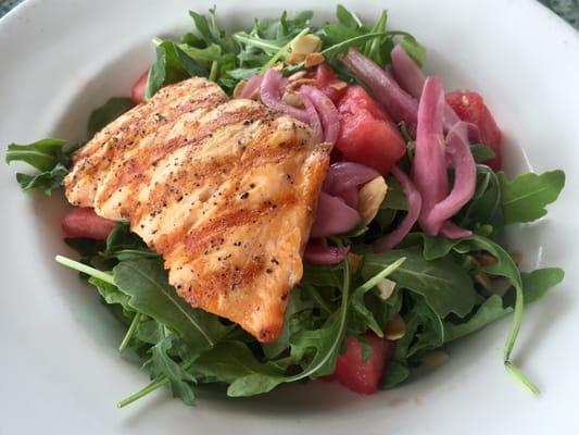 Refreshing Salmon Watermelon Salad at the Sunset Pub and Grill adjacent to Lincoln Park Airport.