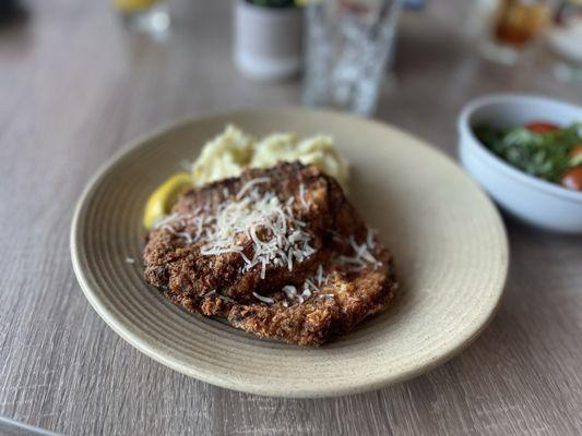 $34 Chicken Schnitzel- one small piece sitting on dried up mashed potatoes. Just looking sad.