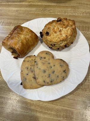 Sausage roll, scone & cherry chocolate shortbread